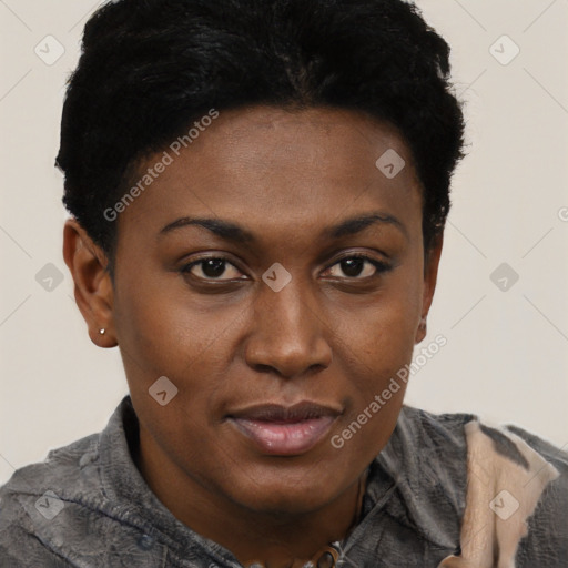 Joyful black young-adult female with short  black hair and brown eyes