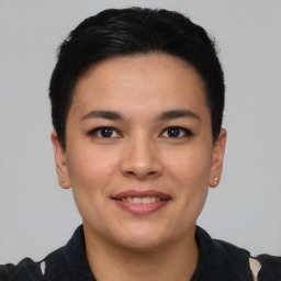 Joyful asian young-adult female with short  black hair and brown eyes