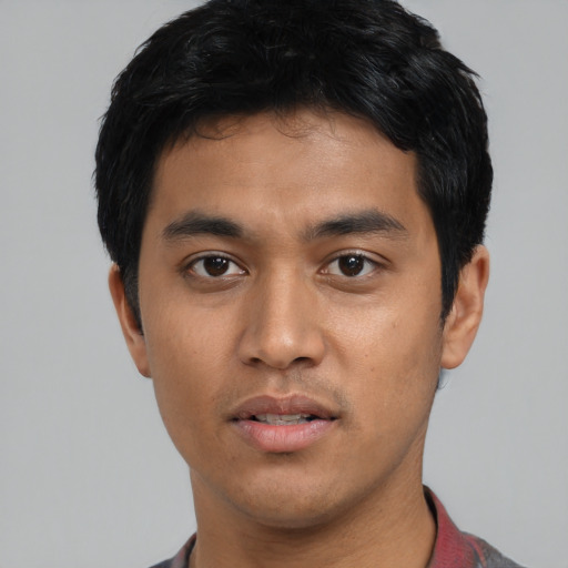 Neutral asian young-adult male with short  black hair and brown eyes