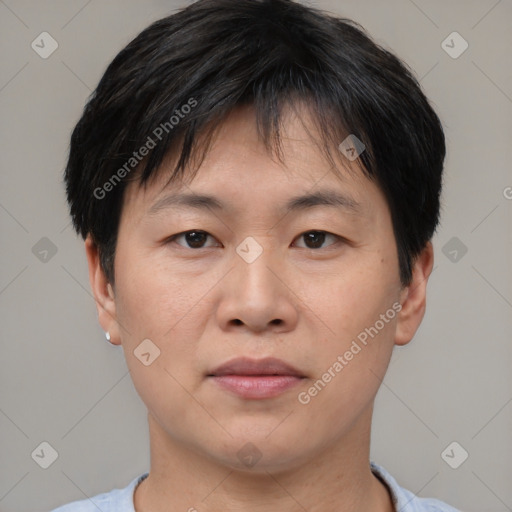 Neutral asian young-adult male with short  brown hair and brown eyes