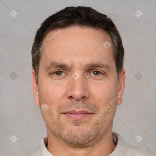 Neutral white adult male with short  brown hair and brown eyes