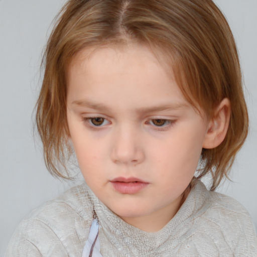 Neutral white child female with medium  brown hair and blue eyes