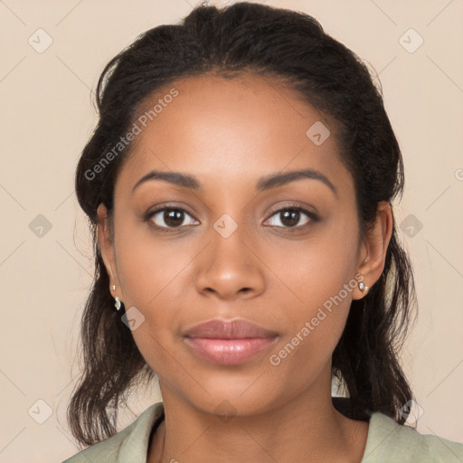 Neutral latino young-adult female with long  black hair and brown eyes