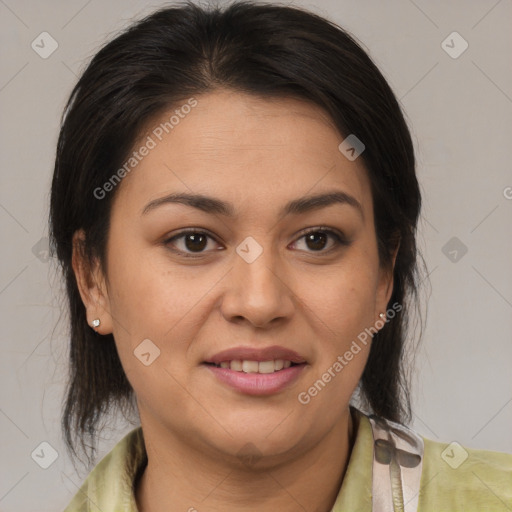 Joyful latino young-adult female with medium  brown hair and brown eyes