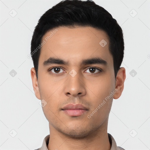 Neutral latino young-adult male with short  black hair and brown eyes