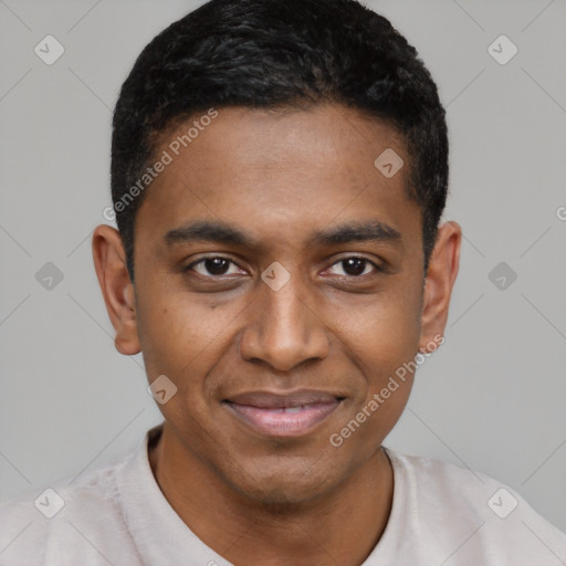 Joyful black young-adult male with short  black hair and brown eyes