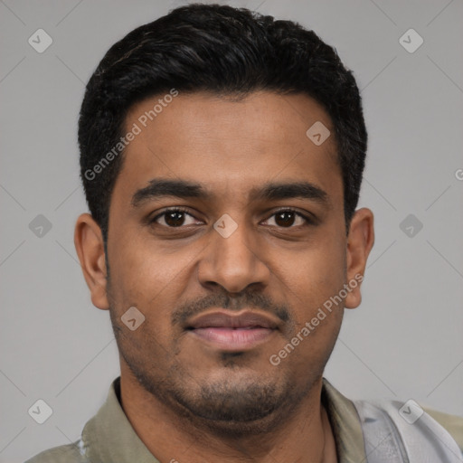 Joyful black young-adult male with short  black hair and brown eyes