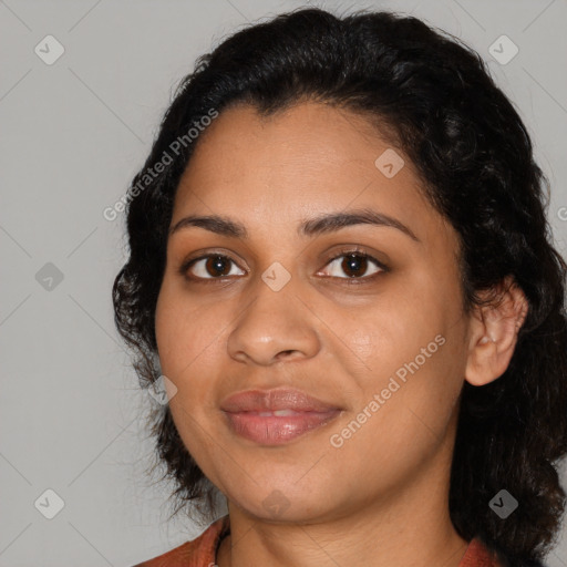 Joyful latino young-adult female with medium  black hair and brown eyes