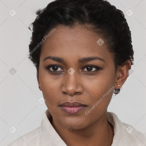 Neutral black young-adult female with short  black hair and brown eyes