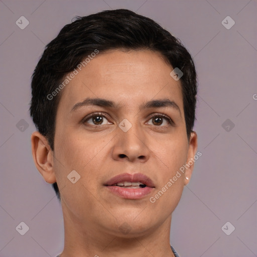 Joyful white young-adult female with short  brown hair and brown eyes