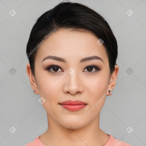 Joyful asian young-adult female with short  black hair and brown eyes