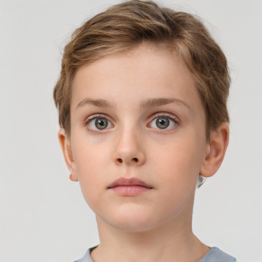 Neutral white child female with short  brown hair and grey eyes