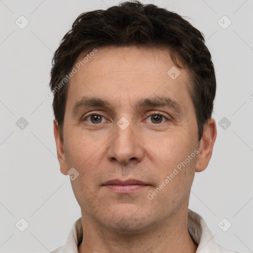 Neutral white adult male with short  brown hair and brown eyes