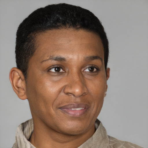 Joyful black adult female with short  brown hair and brown eyes