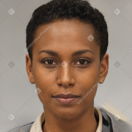 Neutral latino young-adult female with short  brown hair and brown eyes