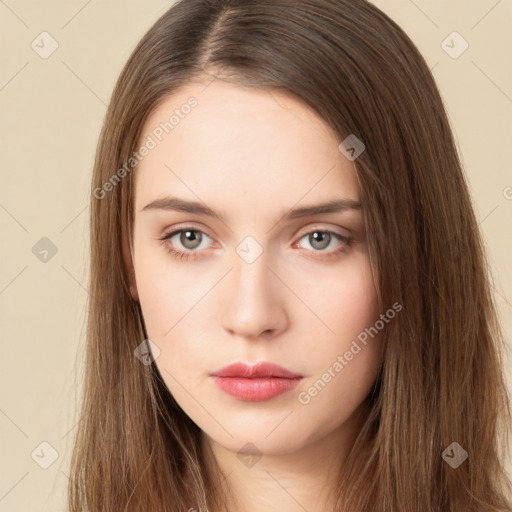 Neutral white young-adult female with long  brown hair and brown eyes