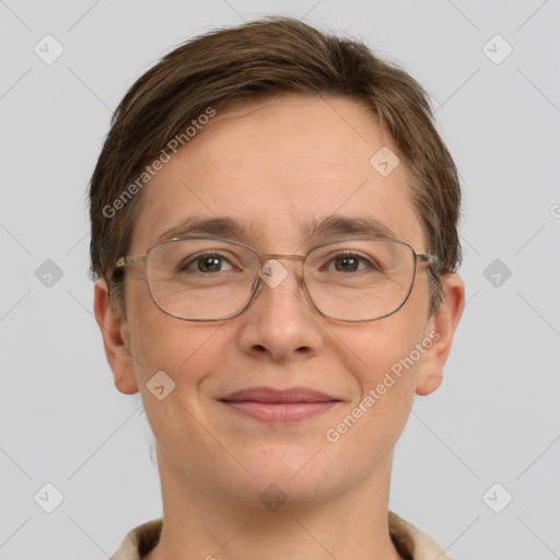 Joyful white adult female with short  brown hair and brown eyes