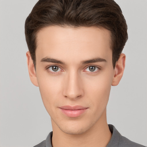 Neutral white young-adult male with short  brown hair and brown eyes