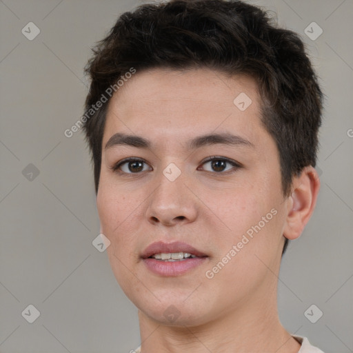 Joyful white young-adult female with short  brown hair and brown eyes