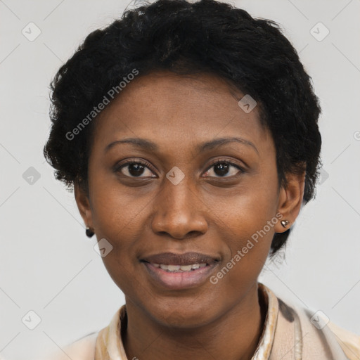 Joyful latino young-adult female with short  black hair and brown eyes