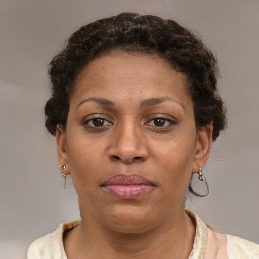 Joyful black adult female with short  brown hair and brown eyes