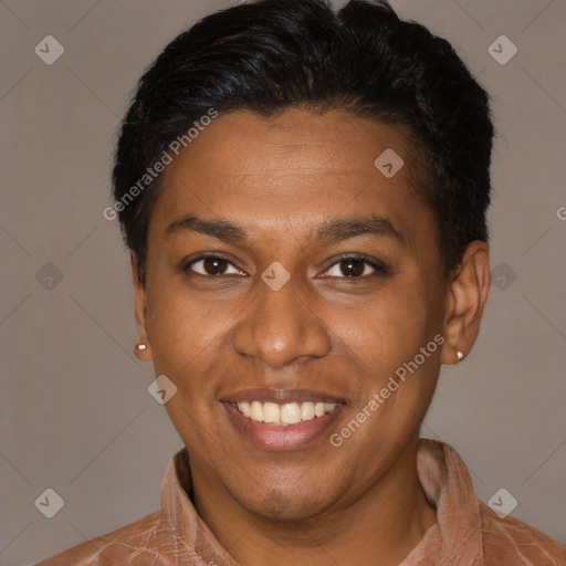 Joyful black young-adult male with short  black hair and brown eyes