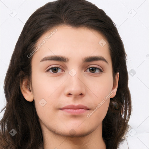 Neutral white young-adult female with long  brown hair and brown eyes