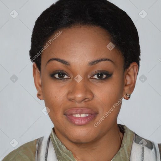 Joyful latino young-adult female with short  black hair and brown eyes