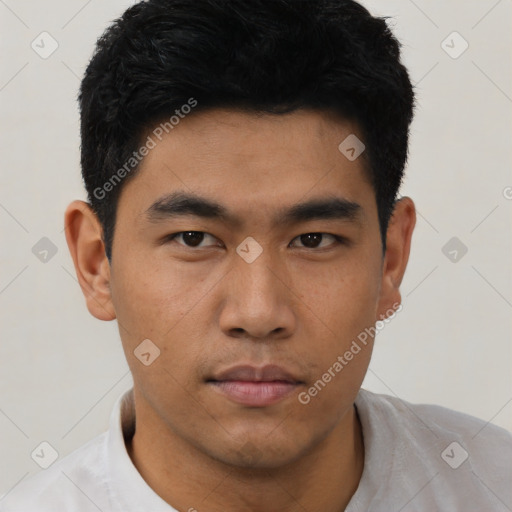 Neutral asian young-adult male with short  black hair and brown eyes