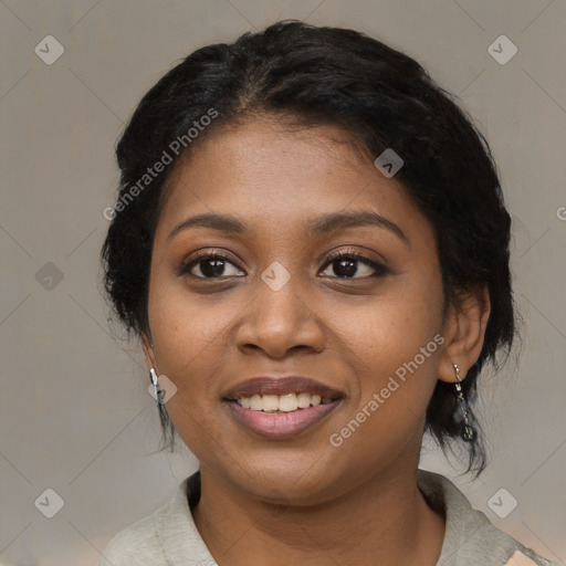 Joyful black young-adult female with medium  black hair and brown eyes