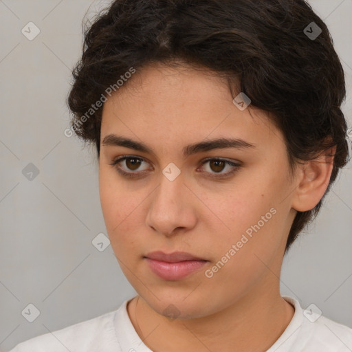 Neutral white young-adult female with short  brown hair and brown eyes