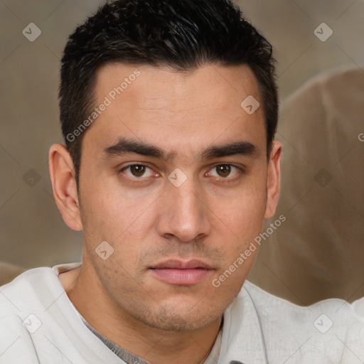 Neutral white young-adult male with short  brown hair and brown eyes