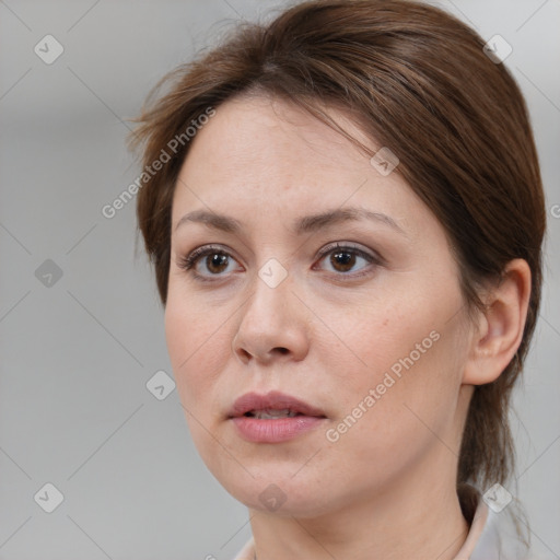 Neutral white young-adult female with medium  brown hair and brown eyes