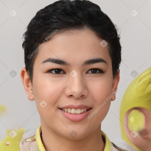 Joyful white young-adult female with short  brown hair and brown eyes