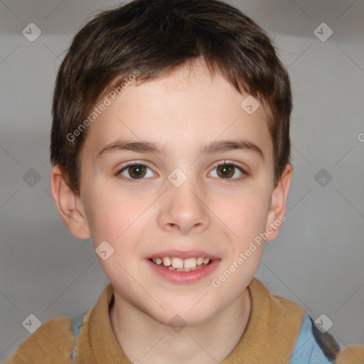 Joyful white child male with short  brown hair and brown eyes