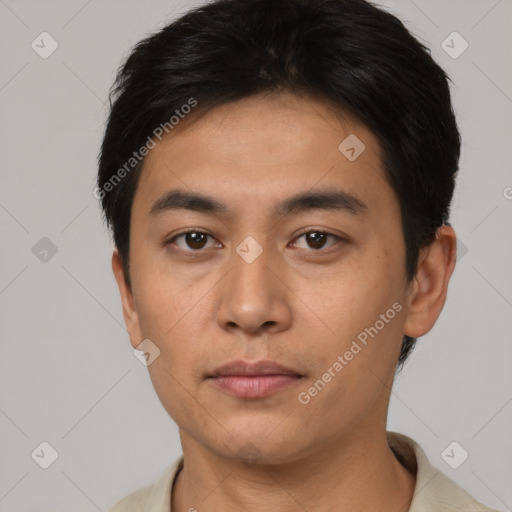 Neutral asian young-adult male with short  black hair and brown eyes