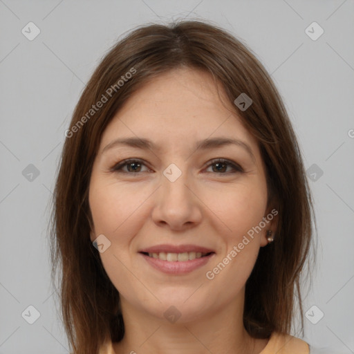 Joyful white young-adult female with medium  brown hair and brown eyes