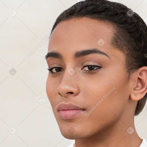 Neutral white young-adult female with short  brown hair and brown eyes