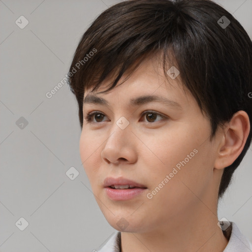 Neutral white young-adult female with short  brown hair and brown eyes