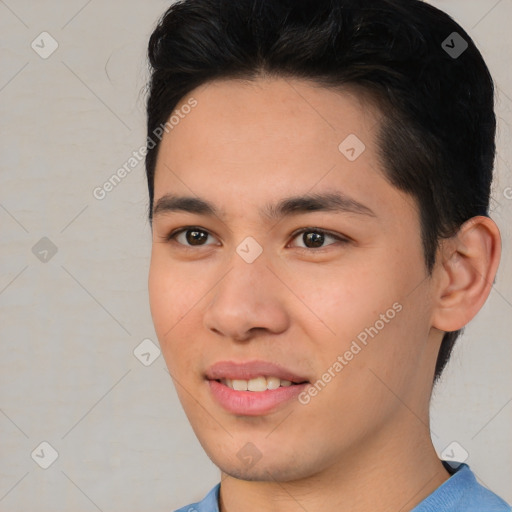 Joyful asian young-adult male with short  black hair and brown eyes