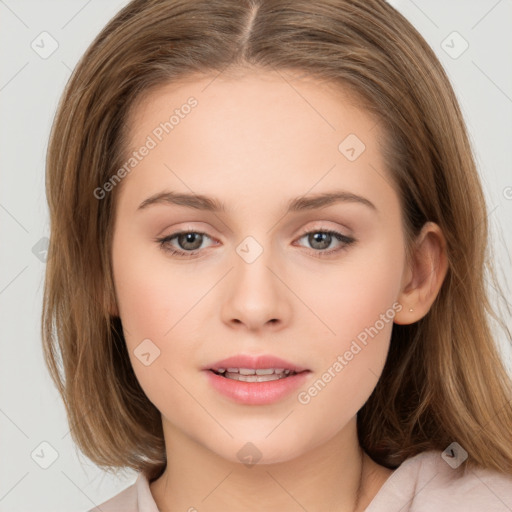 Neutral white young-adult female with medium  brown hair and brown eyes