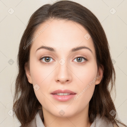 Neutral white young-adult female with medium  brown hair and brown eyes