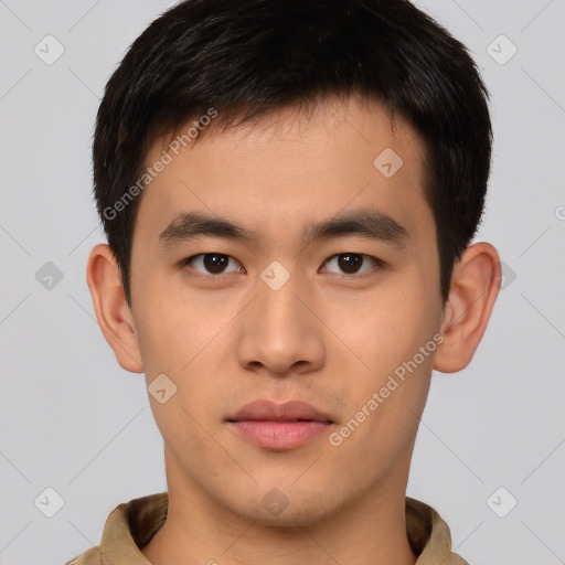 Neutral asian young-adult male with short  brown hair and brown eyes