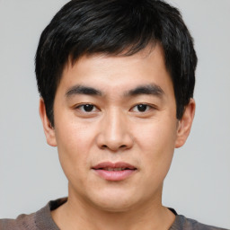 Neutral asian young-adult male with short  black hair and brown eyes