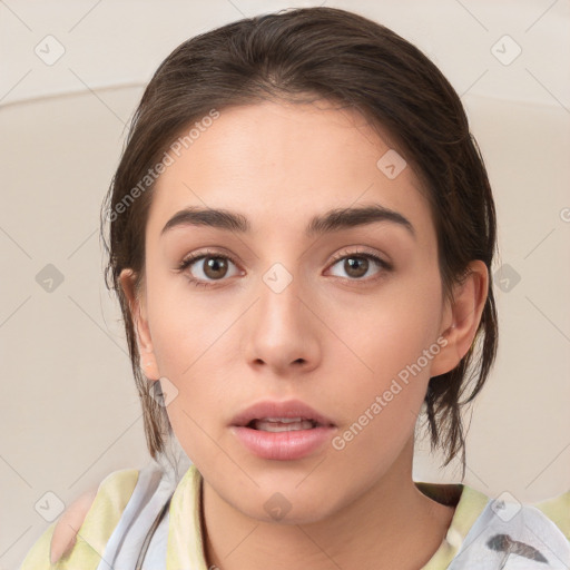 Neutral white young-adult female with medium  brown hair and brown eyes