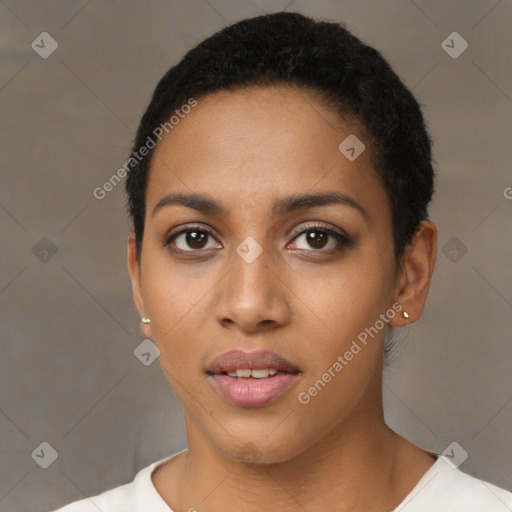 Neutral black young-adult female with short  black hair and brown eyes