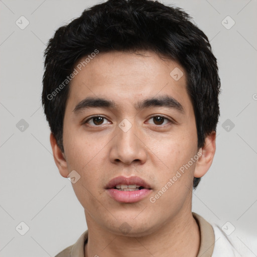 Neutral white young-adult male with short  black hair and brown eyes