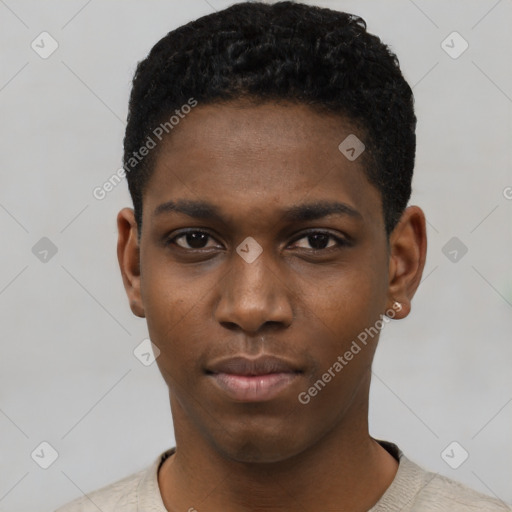 Neutral black young-adult male with short  black hair and brown eyes