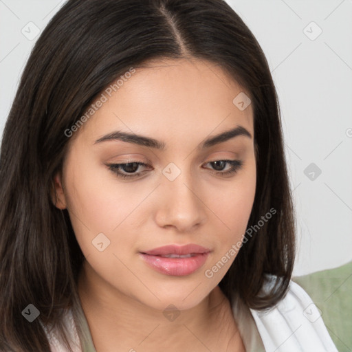 Joyful white young-adult female with medium  brown hair and brown eyes