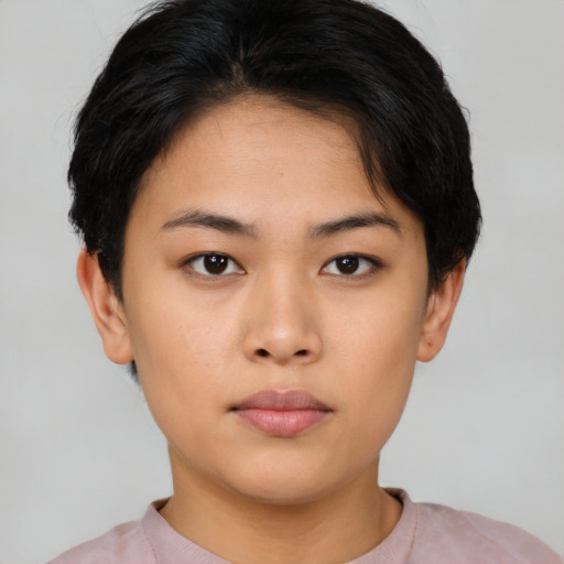 Neutral asian young-adult female with short  brown hair and brown eyes